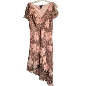 Faith Love Passion Asymmetrical Dress 6 Pink Brown Floral Flutter V-Neck…
